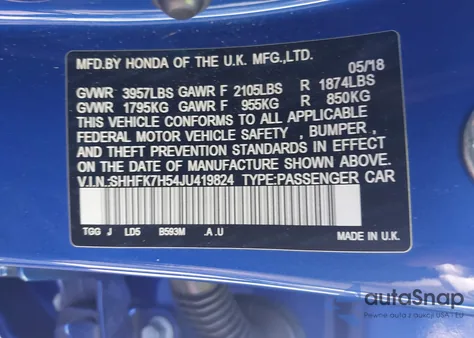 2018 Honda Civic Ex from USA, damaged, VIN SHHFK7H54JU419824